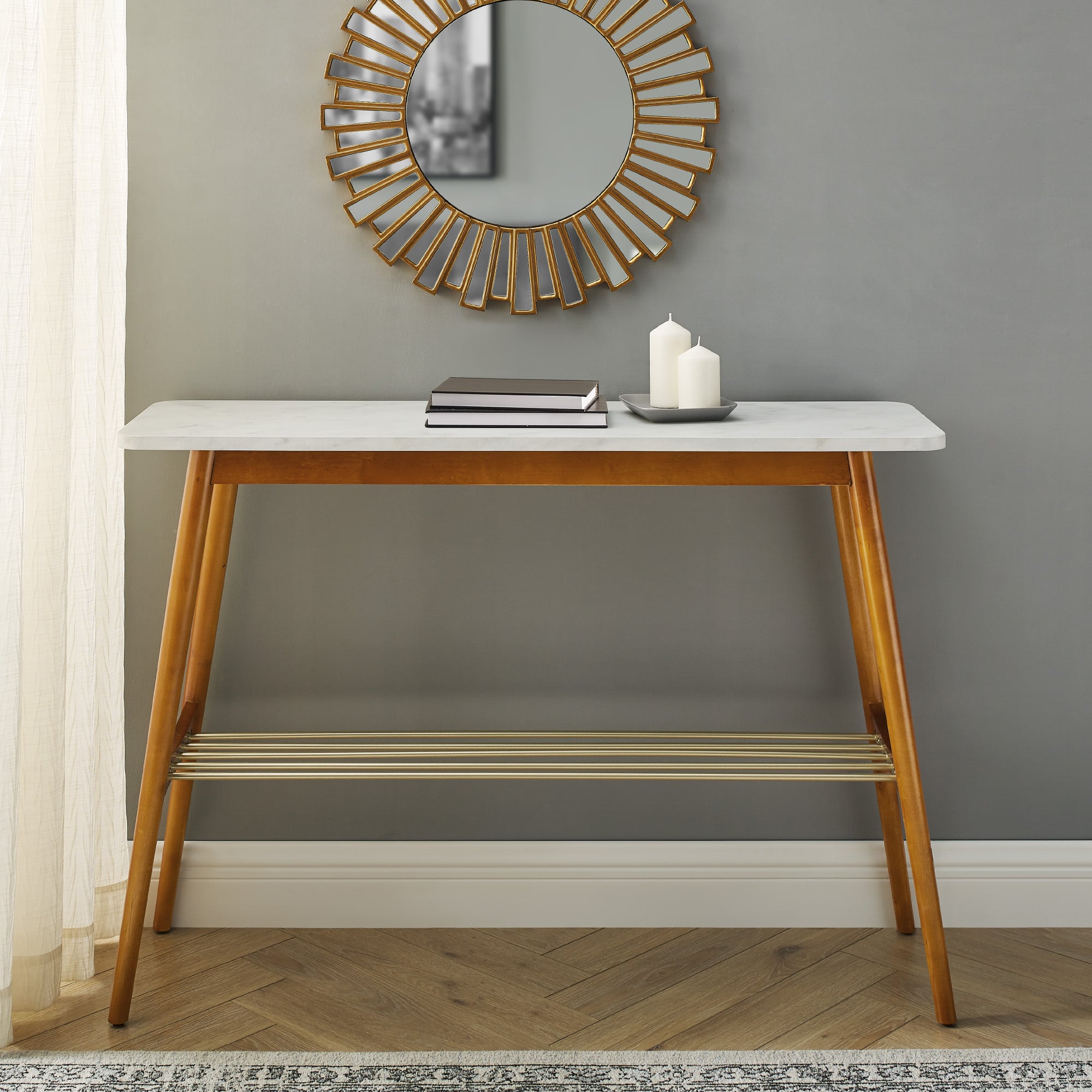 Walker Edison Faux White Marble/Acorn Tapered Leg Entry Table